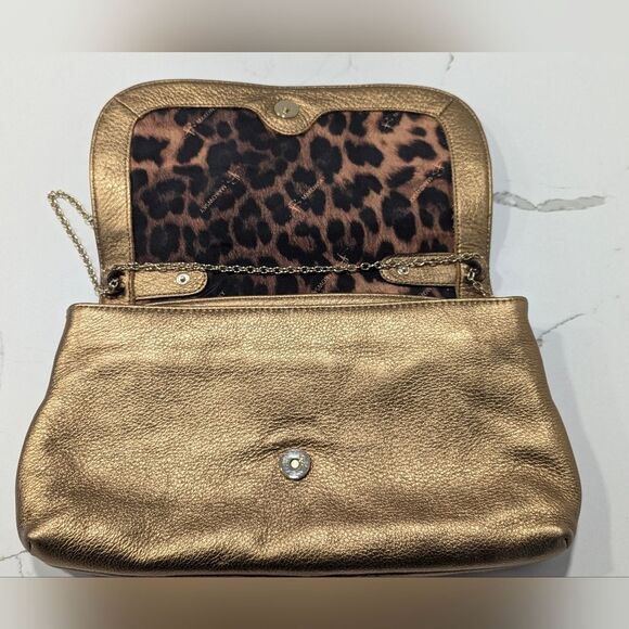 B Makowsky Gold buttery soft Leather Clutch Bag chain handle leopard lining New - Picture 2 of 13